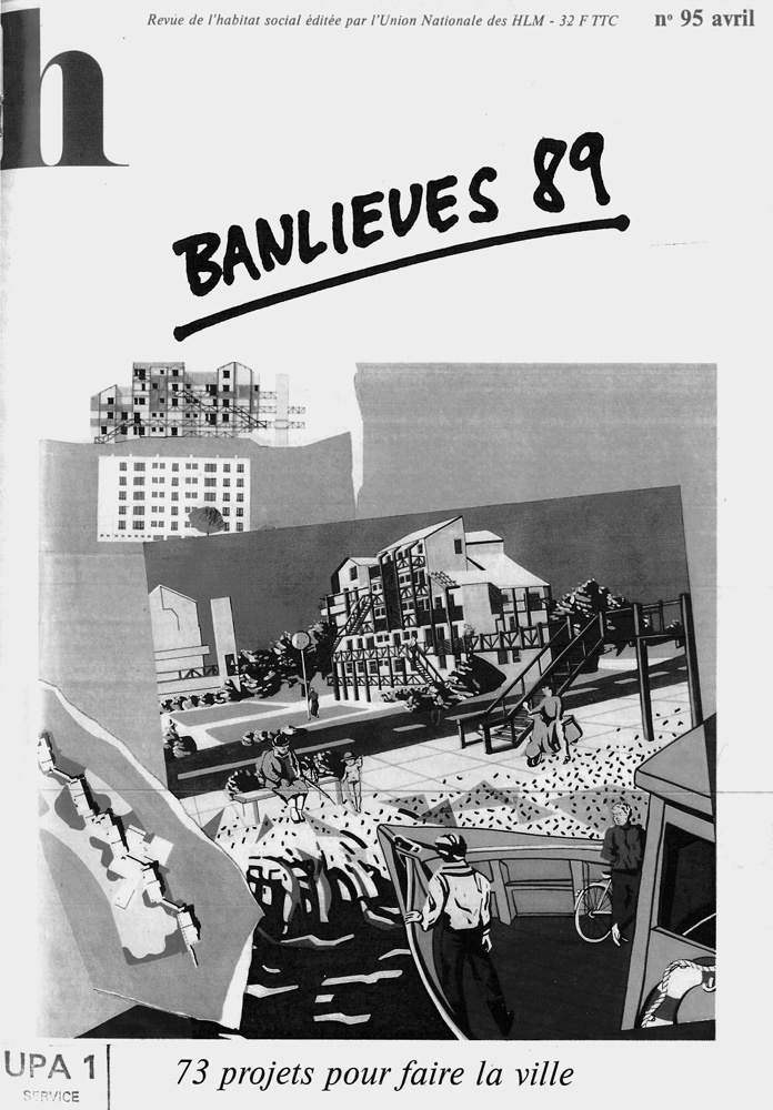 Description de l'image par IA : Couverture de magazine en noir et blanc montrant des bâtiments et des personnes dans un cadre urbain.
