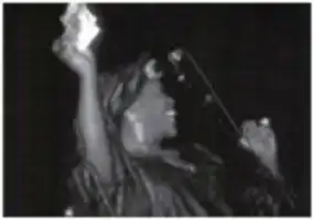 Description de l'image par IA : Chanteur avec microphone, bras levé, cheveux longs.