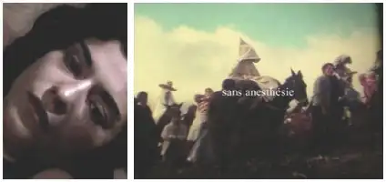 Description de l'image par IA : Visage de femme en gros plan à gauche, groupe de personnes à cheval sous un ciel nuageux à droite.