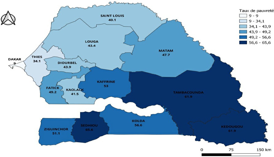 Description de l'image par IA : Carte régionale montrant le taux de pauvreté en Côte d'Ivoire, avec des variations de couleurs indiquant les niveaux de pauvreté par région.