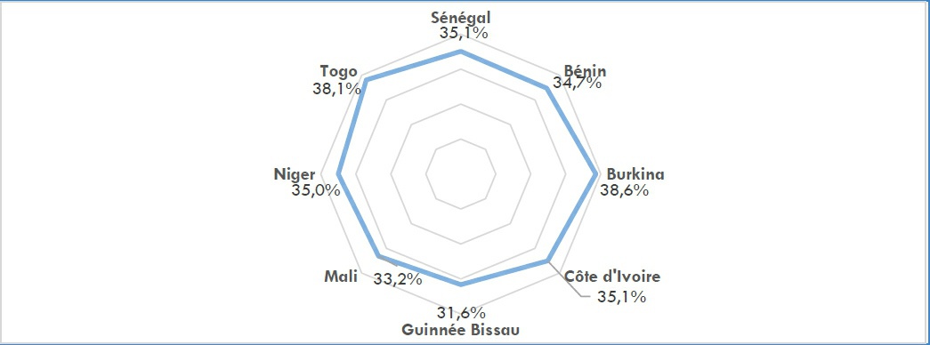 Description de l'image par IA : Diagram circulaire montrant les pourcentages de revenu dans différents pays de l'UEMOA.