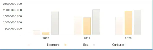 Description de l'image par IA : Graphique montrant les subventions pour l'électricité, l'eau et les carburants en milliards de FCFA pour les années 2018, 2019 et 2020.