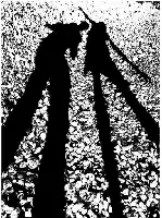 Description de l'image par IA : Trois silhouettes se dressent sur un chemin non pavé, leurs ombres s'étendant vers le sol.
