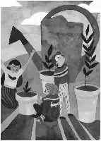 Description de l'image par IA : Deux enfants plantent des fleurs en pot sur un balcon. Un enfant arrose avec un arrosoir, l'autre observe.