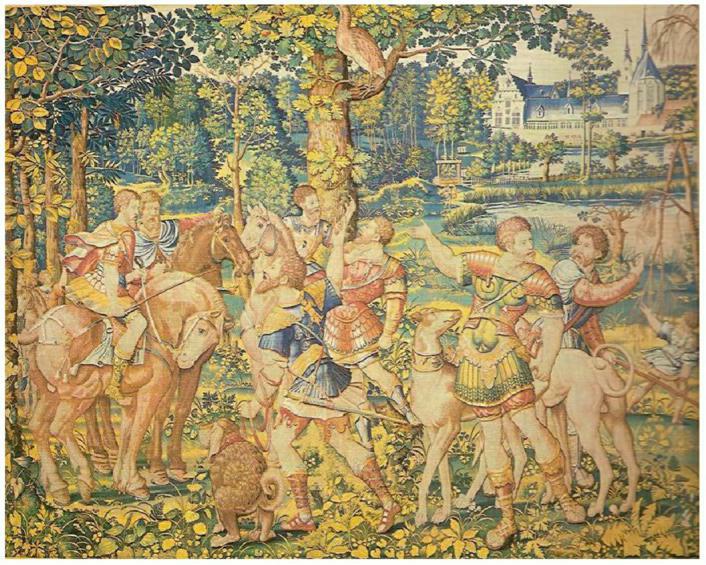 Description de l'image par IA : Cavaliers en armure dans une forêt, avec des chevaux et des chiens, devant un château.