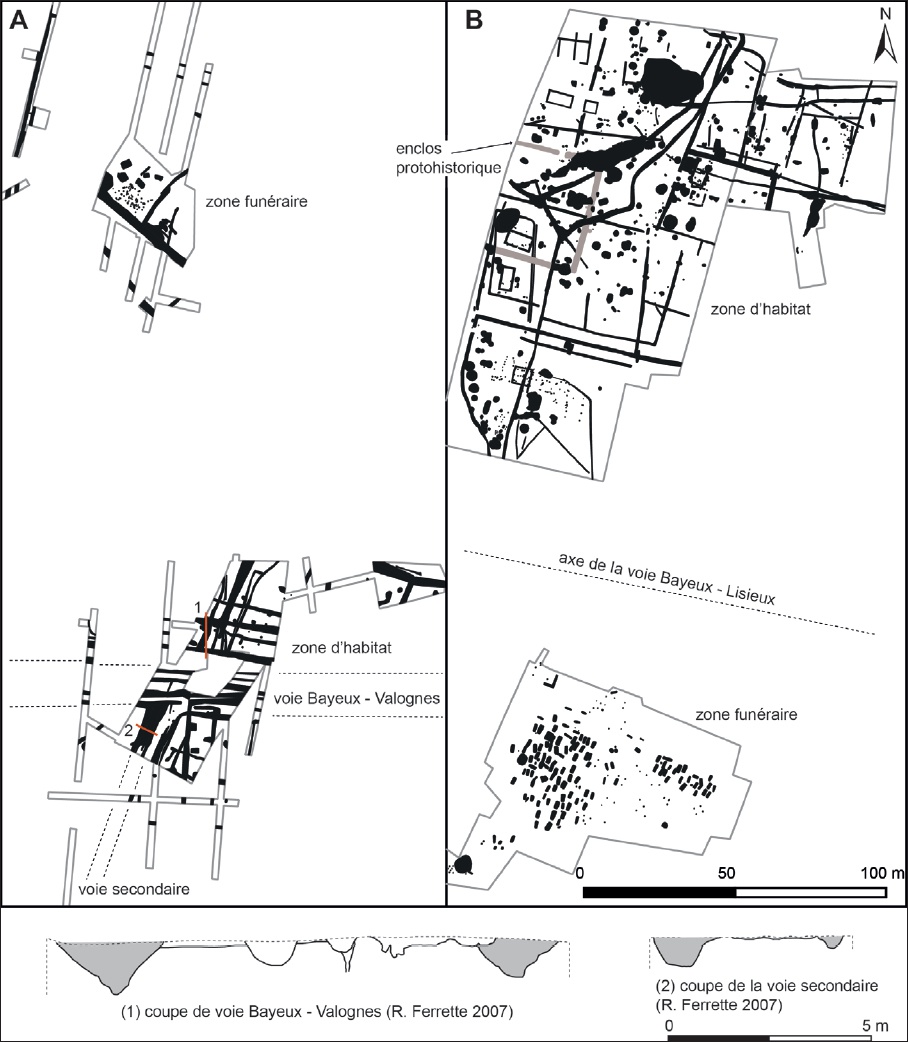 Description de l'image par IA : Cartes détaillées de zones habitées et funéraires avec axes routiers et points historiques.