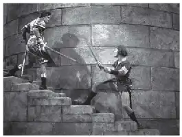 Description de l'image par IA : Deux hommes en armure s'affrontent en duel sur un escalier en pierre.