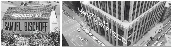 Description de l'image par IA : Deux bâtiments avec des lettres géantes sur leurs façades.