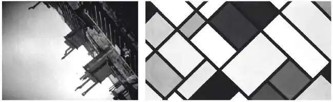 Description de l'image par IA : Image gauche : Vue floue de bâtiments avec lumière vive. Image droite : Motif géométrique en diagonale avec carrés blancs et noirs.