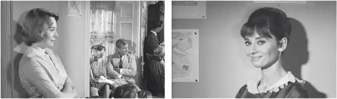 Description de l'image par IA : Femme (S. McLaine) observe un groupe, femme (A. Hepburn) sourit seule.