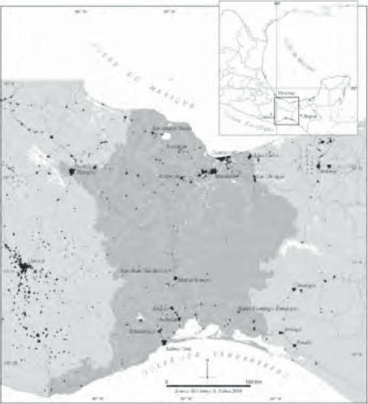 Description de l'image par IA : Carte détaillée de la région de l’isthme de Tehuantepec avec des zones marquées et un encart agrandi.