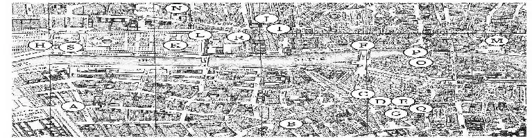 Description de l'image par IA : Carte ancienne de la ville avec des lettres marquées sur divers lieux.