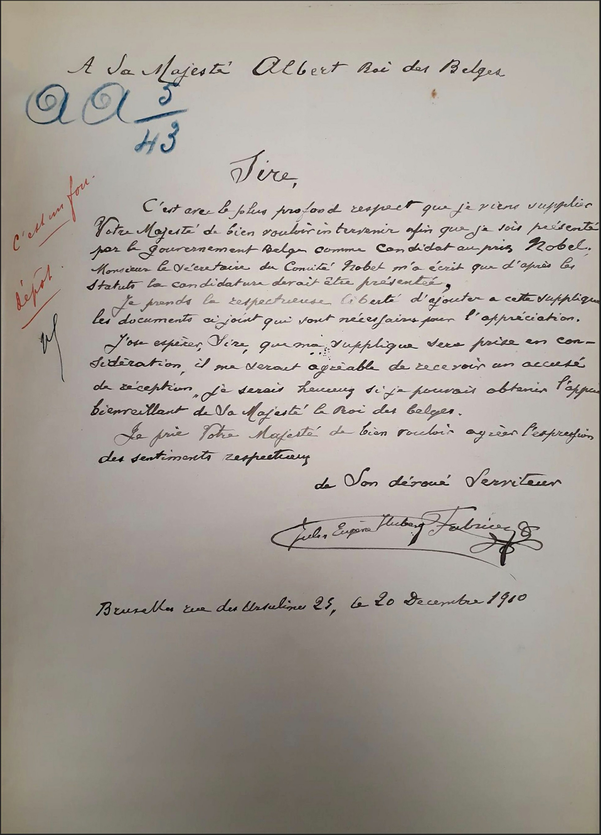 Description de l'image par IA : Lettre manuscrite avec signature, datée du 20 décembre 1910, adressée au roi Albert.