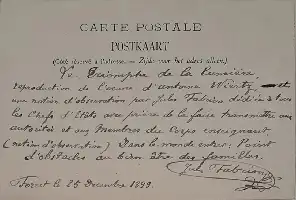 Description de l'image par IA : Carte postale avec texte manuscrit en français, datée du 25 décembre 1899.