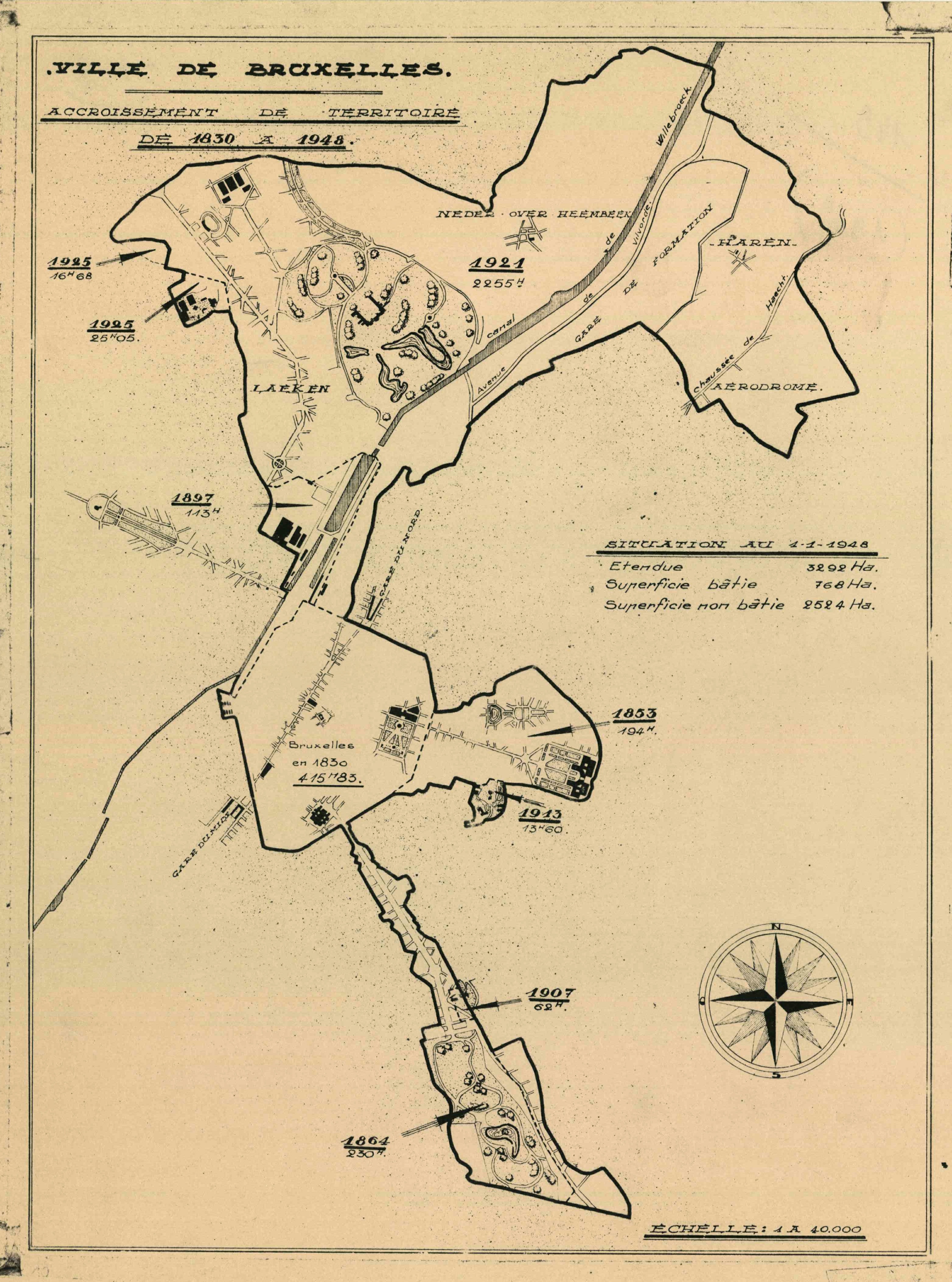 Description de l'image par IA : Carte de l'évolution territoriale de Bruxelles de 1830 à 1948.
