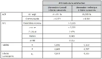 Tableau de satisfaction avec deux dimensions : Conseil et Technique, incluant des pourcentages, valeurs et fiabilité.