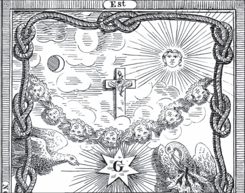 Description de l'image par IA : Sept anges entourent une croix entre le soleil et la lune. En dessous, une étoile à sept branches, un aigle et un pélican.