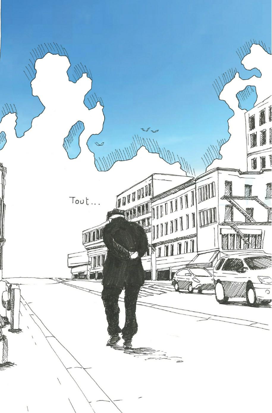 Description de l'image par IA : Homme marche dans rue, bâtiments et voitures de chaque côté, ciel bleu avec nuages.