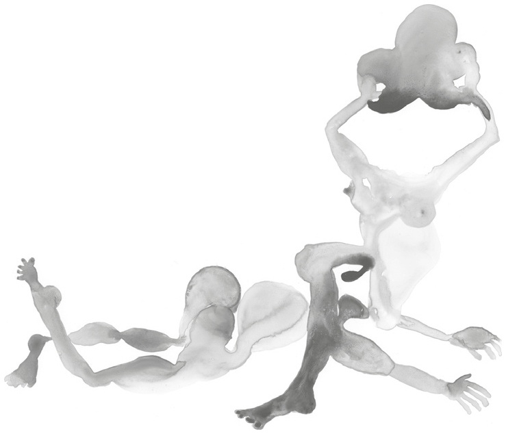 Description de l'image par IA : Deux silhouettes humaines stylisées, une allongée et une accroupie, en nuances de gris.