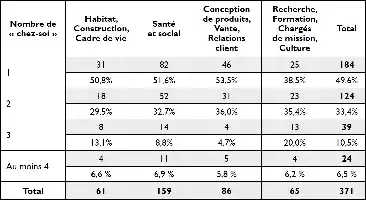 Tableau détaillant la répartition des répondants selon leur domaine d’activité professionnelle et le nombre de « chez-soi ».