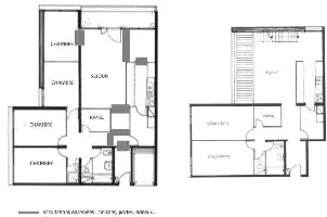 Description de l'image par IA : Plan d'un appartement avec plusieurs chambres et un séjour. Traits gris montrent les possibilités de cloisonnement.