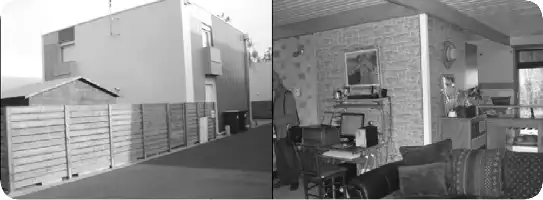 Description de l'image par IA : Façade d'une maison avec une clôture en bois, à gauche. À droite, intérieur avec mobilier et décoration.