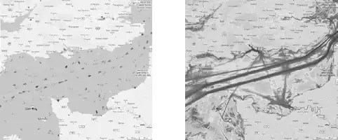 Description de l'image par IA : Cartes montrant le trafic maritime en Manche le 3/11/16 et la densité de 2015.