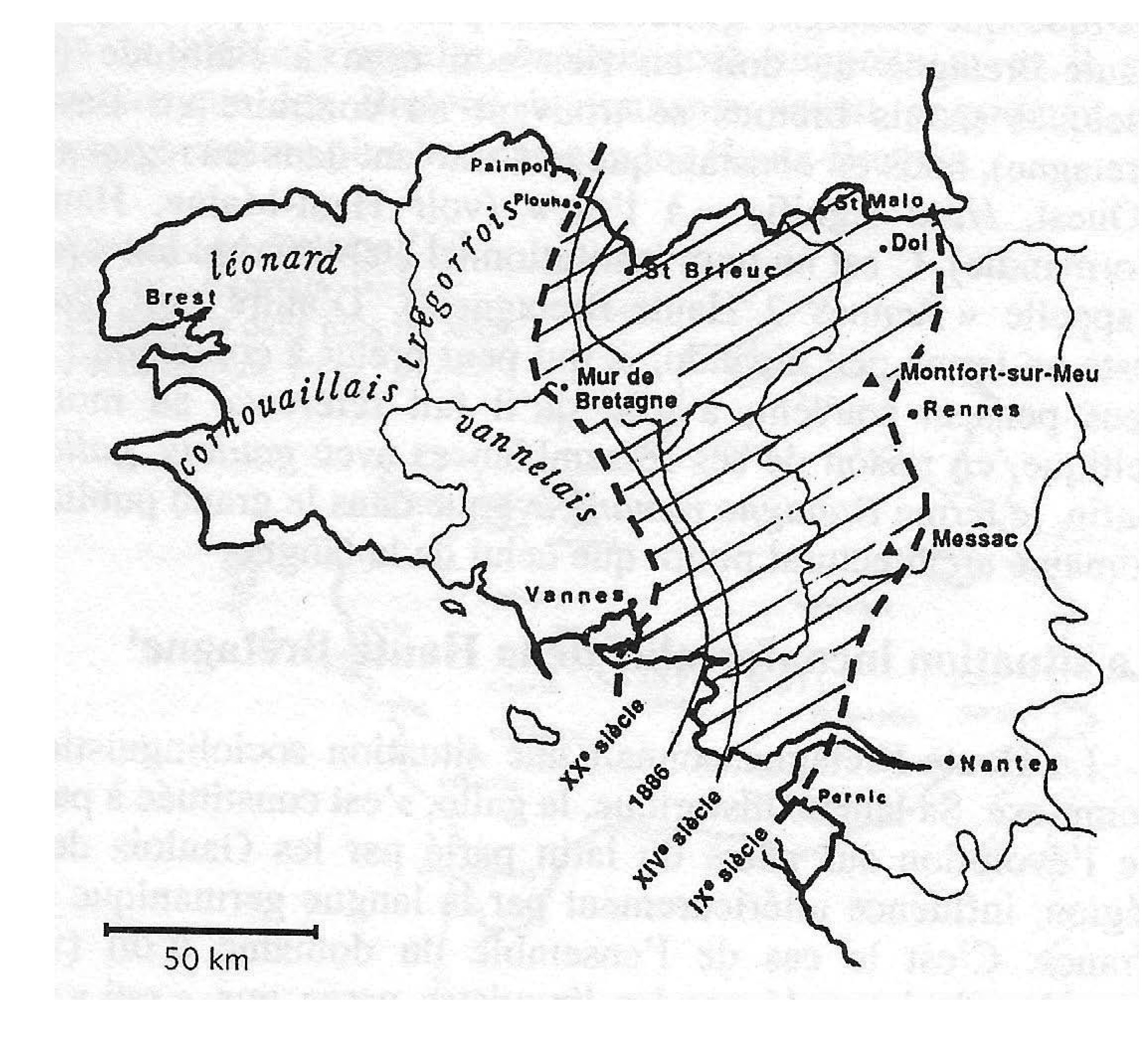 Description de l'image par IA : Carte de Bretagne avec zones linguistiques et villes marquées.