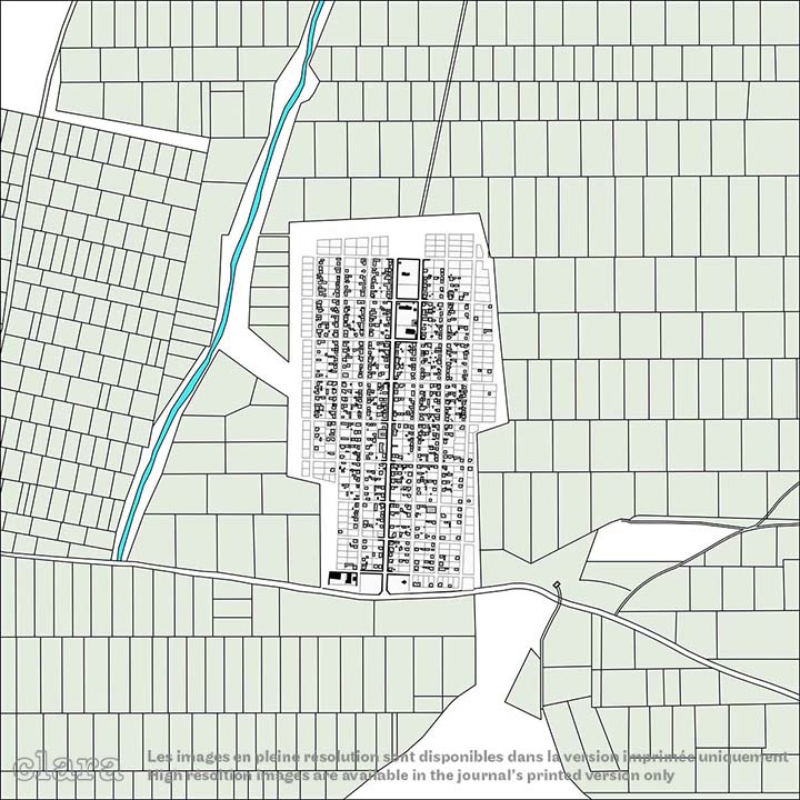 Image description generated by AI: A detailed map showing the layout of Nea Pella surrounded by fields, with a focus on refugee allotments.
