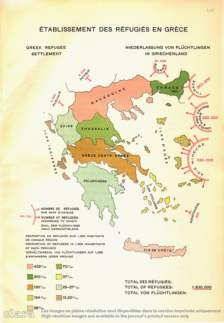 Image description generated by AI: Map showing the distribution of refugees in Greece, with numbers and proportions indicated by color-coded regions.