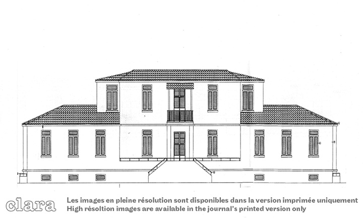 Image description generated by AI: Black and white architectural drawing of a two-story building with multiple windows and a central entrance.
