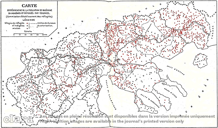 Image description generated by AI: Map of Greek Macedonia with refugee and indigenous villages marked by circles.