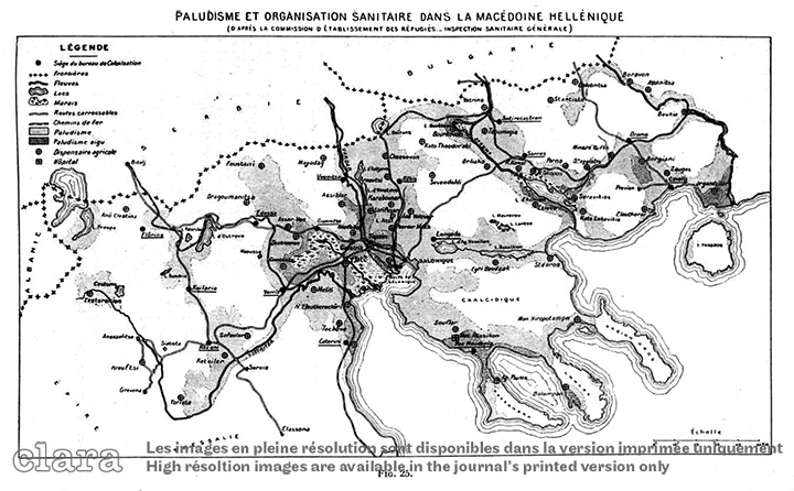 Image description generated by AI: Black and white map showing malaria-inflicted areas in Macedonia, with varying shades indicating severity.