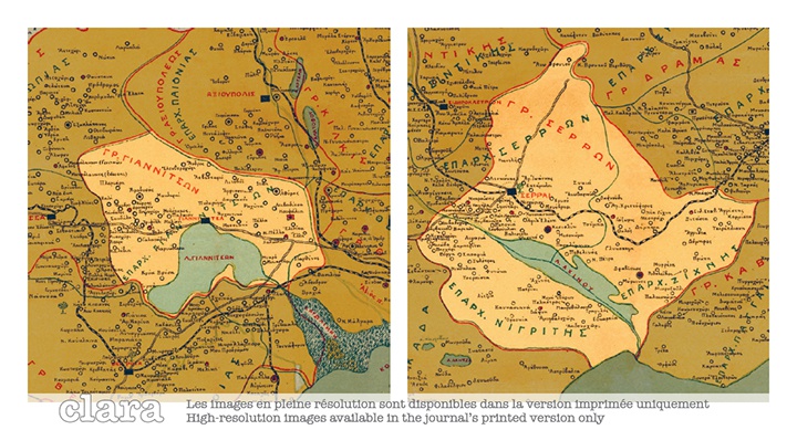 Image description generated by AI: Two detailed maps showing settlements and services in Giannitsa and Serres Prefectures.