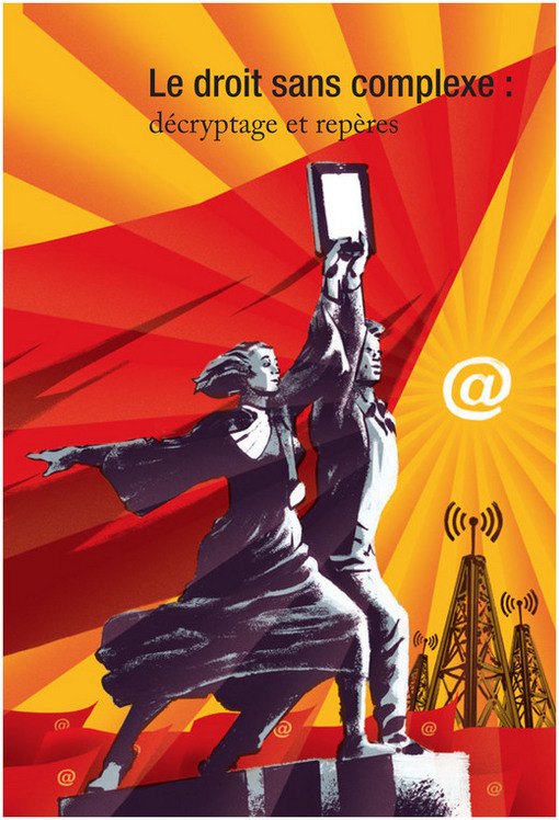 Description de l'image par IA : Deux personnes lèvent un appareil numérique, sur fond de soleil levant et antennes relais, avec des couleurs vives.