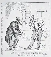 Description de l'image par IA : Deux hommes discutent. L'un tend un papier à l'autre, qui semble sceptique. L'arrière-plan montre un bâtiment avec une inscription.