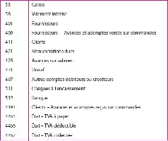 Liste de termes comptables avec numéros de comptes.