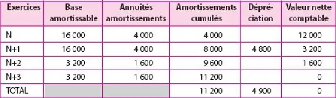 Table de données avec exercices et amortissements.