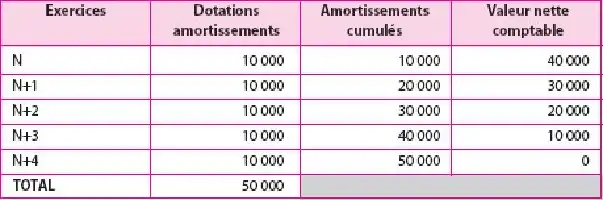 Table de données avec exercices, dotations, amortissements et valeur nette.
