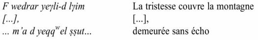 Description de l'image par IA : Texte en français avec des crochets et des guillemets. Contient des phrases sur la tristesse et la montagne.