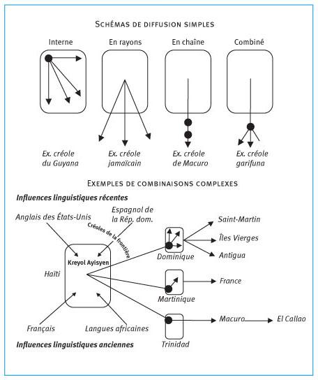 Description de l'image par IA : Schémas de diffusion des langues créoles avec exemples simples et complexes.