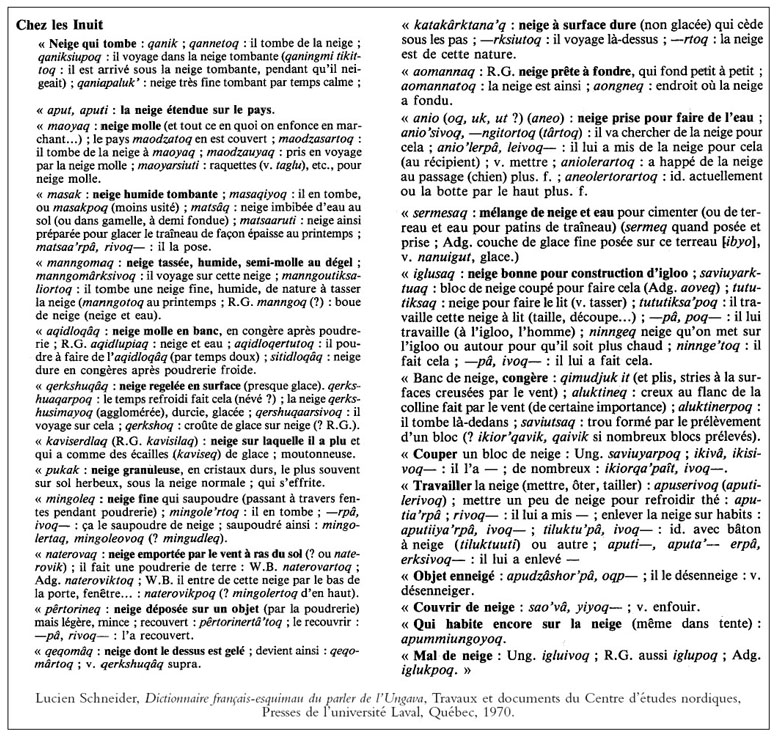 Page de dictionnaire avec texte en français et en langue esquimau, incluant des définitions et des exemples.
