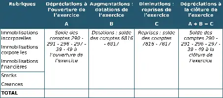 Description de l'image par IA : Tableau financier avec des colonnes pour différentes catégories d'immobilisations et des descriptions de transactions financières.