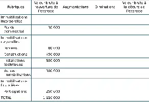 Description de l'image par IA : Tableau financier détaillant les immobilisations corporelles et financières avec leurs valeurs brutes d'ouverture et de clôture.