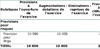 Description de l'image par IA : Tableau avec des données sur les provisions pour risques et augmentations/diminutions de l'exercice.
