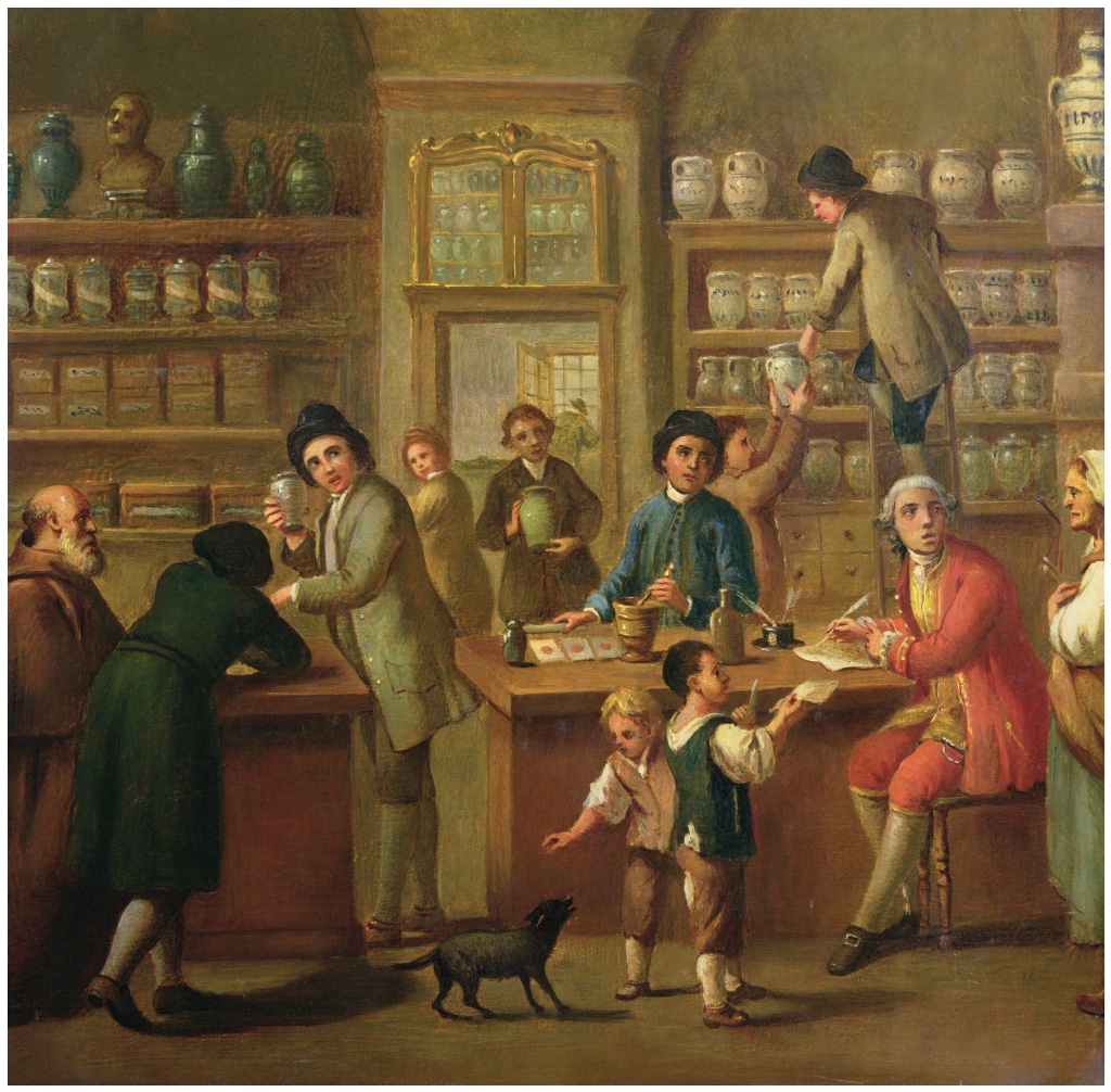 Description de l'image par IA : Pharmacie du XVIIIe siècle avec plusieurs personnes, des étagères remplies de pots et un comptoir.