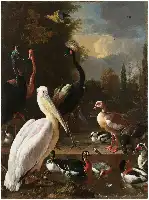Description de l'image par IA : Divers oiseaux près d'un plan d'eau, peinture à l'huile, vers 1680.