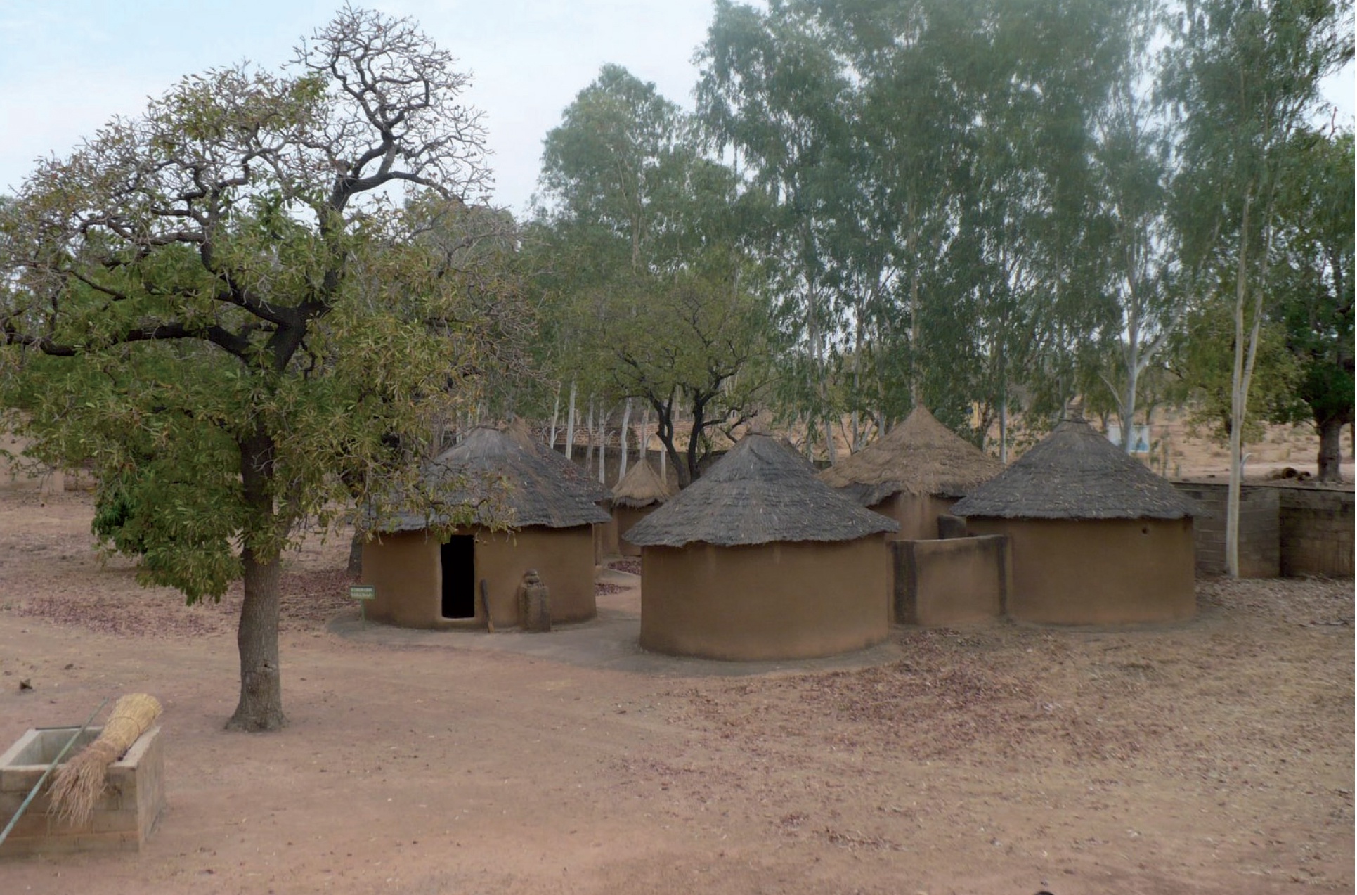 Description de l'image par IA : Village traditionnel avec des cases rondes en terre et toits de chaume, entourées d'arbres.