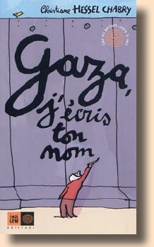 Description de l'image par IA : Couverture de livre avec un chat levant la patte sur un mur violet. Titre : "Gaza, j'iris ton nom".