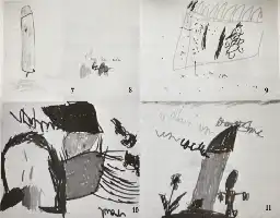 Description de l'image par IA : Dessins de divers objets et scènes : tour, bâtiment, personne assise, structure avec fleurs.